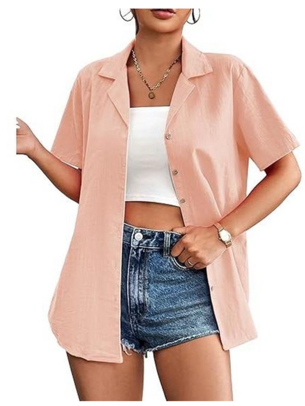 Zeagoo Pink Gauze Button Down Shirt Short Sleeve Loose Summer Blouse size XL